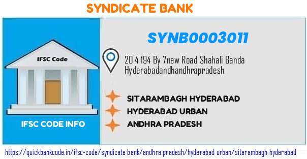 Syndicate Bank Sitarambagh Hyderabad SYNB0003011 IFSC Code