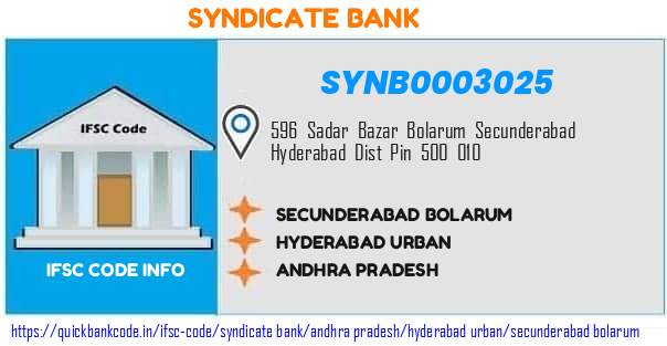 Syndicate Bank Secunderabad Bolarum SYNB0003025 IFSC Code