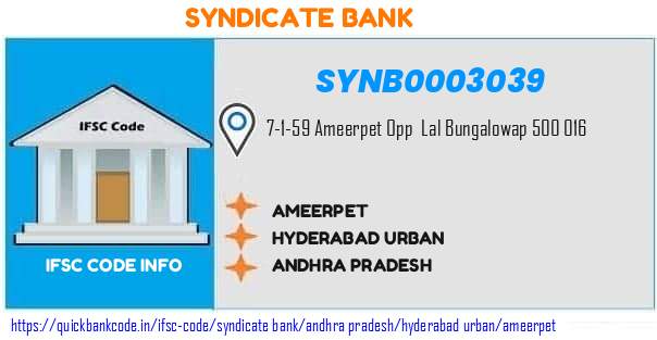 Syndicate Bank Ameerpet SYNB0003039 IFSC Code