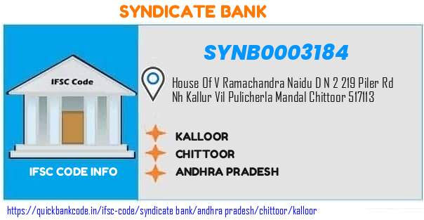 Syndicate Bank Kalloor SYNB0003184 IFSC Code