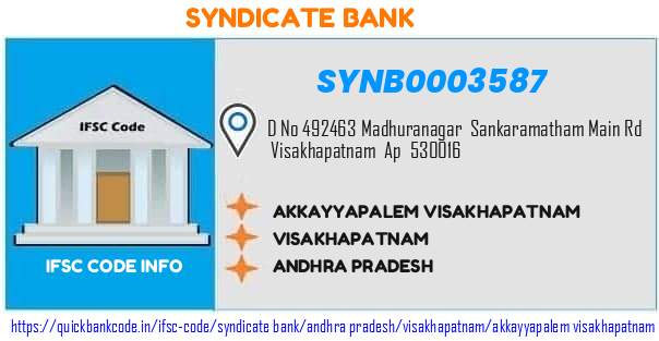 Syndicate Bank Akkayyapalem Visakhapatnam SYNB0003587 IFSC Code