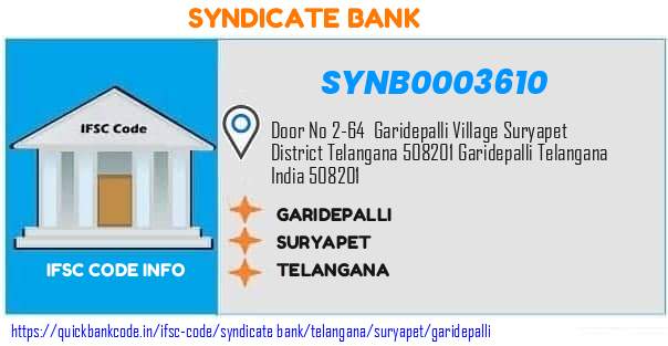 Syndicate Bank Garidepalli SYNB0003610 IFSC Code