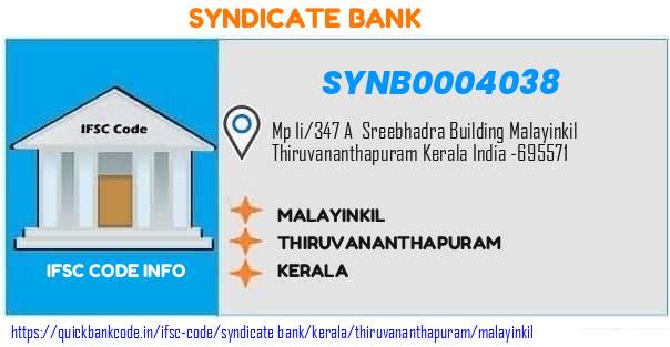 Syndicate Bank Malayinkil SYNB0004038 IFSC Code