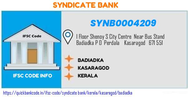 Syndicate Bank Badiadka SYNB0004209 IFSC Code