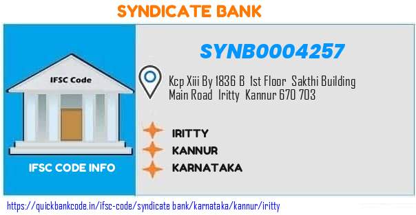 Syndicate Bank Iritty SYNB0004257 IFSC Code