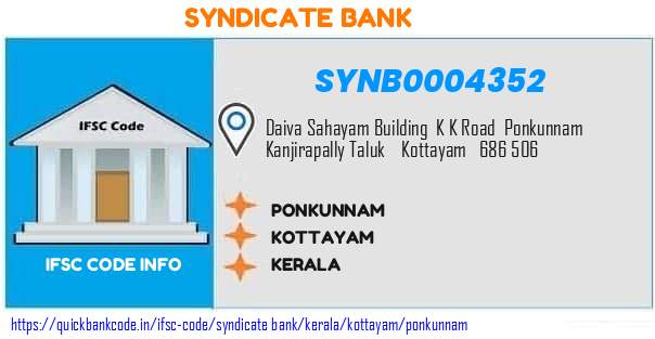 Syndicate Bank Ponkunnam SYNB0004352 IFSC Code