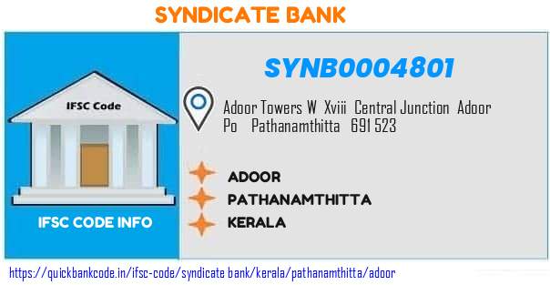 Syndicate Bank Adoor SYNB0004801 IFSC Code