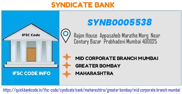Syndicate Bank Mid Corporate Branch Mumbai SYNB0005538 IFSC Code