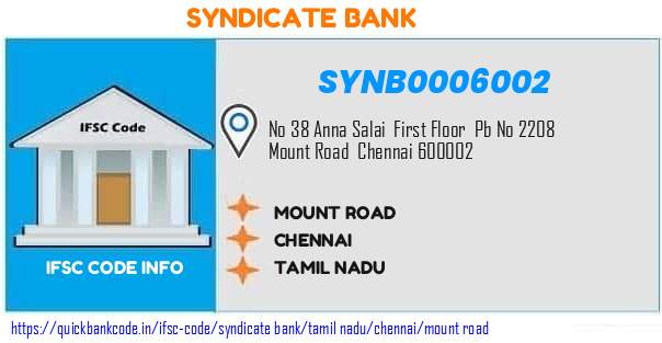 Syndicate Bank Mount Road SYNB0006002 IFSC Code