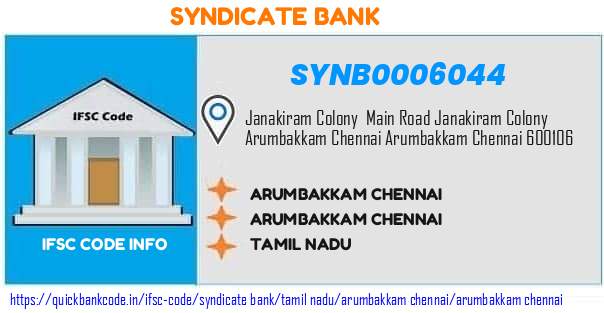 Syndicate Bank Arumbakkam Chennai SYNB0006044 IFSC Code