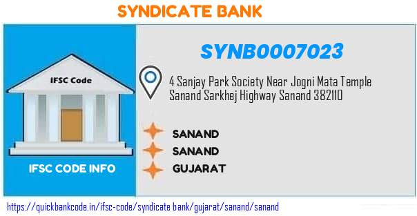 Syndicate Bank Sanand SYNB0007023 IFSC Code