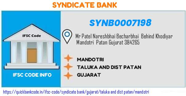 Syndicate Bank Mandotri SYNB0007198 IFSC Code