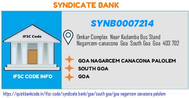 Syndicate Bank Goa Nagarcem Canacona Palolem SYNB0007214 IFSC Code