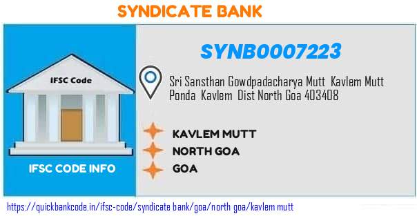 Syndicate Bank Kavlem Mutt SYNB0007223 IFSC Code