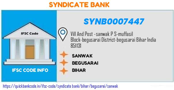 Syndicate Bank Sanwak SYNB0007447 IFSC Code