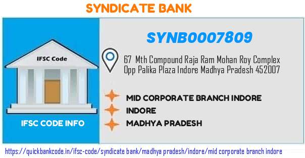 Syndicate Bank Mid Corporate Branch Indore SYNB0007809 IFSC Code