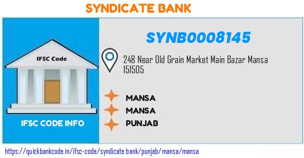 Syndicate Bank Mansa SYNB0008145 IFSC Code