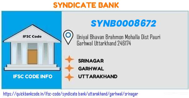 Syndicate Bank Srinagar SYNB0008672 IFSC Code