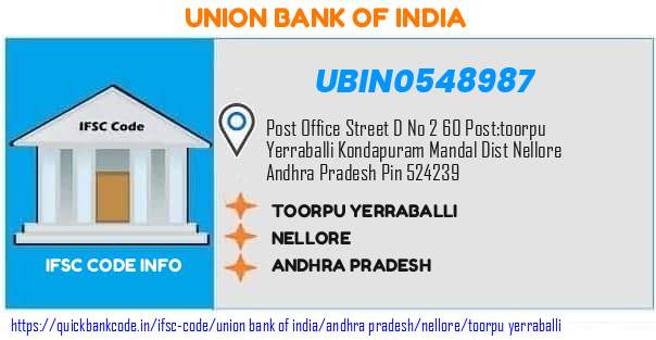 Union Bank of India Toorpu Yerraballi UBIN0548987 IFSC Code