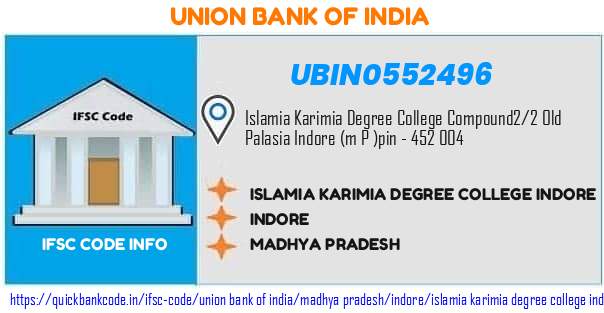 Union Bank of India Islamia Karimia Degree College Indore UBIN0552496 IFSC Code