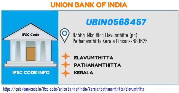 Union Bank of India Elavumthitta UBIN0568457 IFSC Code