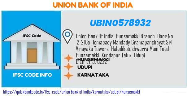 Union Bank of India Hunsemakki UBIN0578932 IFSC Code