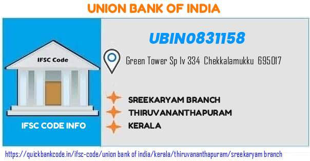 Union Bank of India Sreekaryam Branch UBIN0831158 IFSC Code
