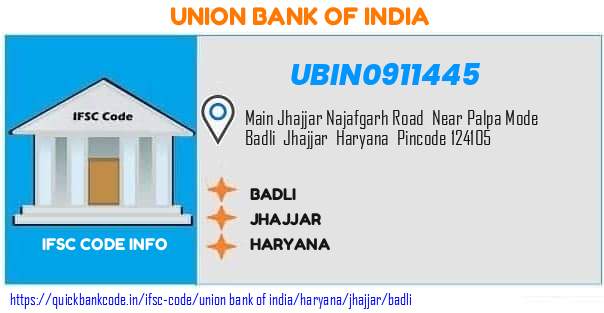Union Bank of India Badli UBIN0911445 IFSC Code