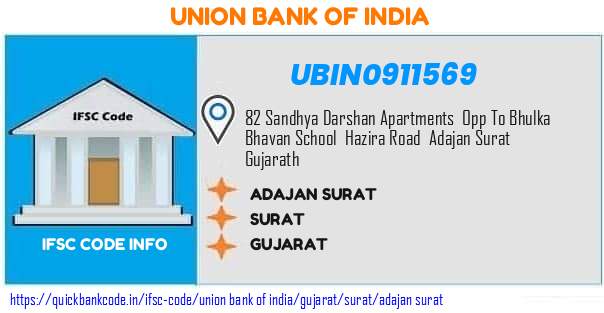 Union Bank of India Adajan Surat UBIN0911569 IFSC Code