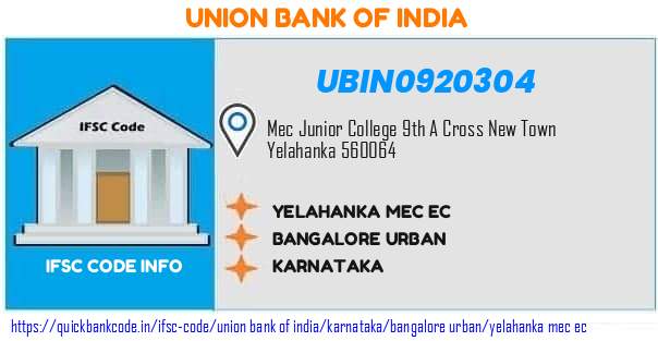 Union Bank of India Yelahanka Mec Ec UBIN0920304 IFSC Code