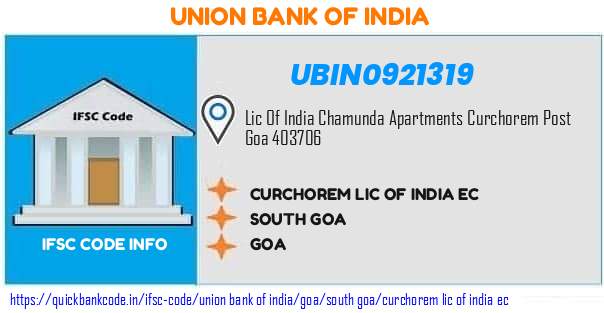Union Bank of India Curchorem Lic Of India Ec UBIN0921319 IFSC Code
