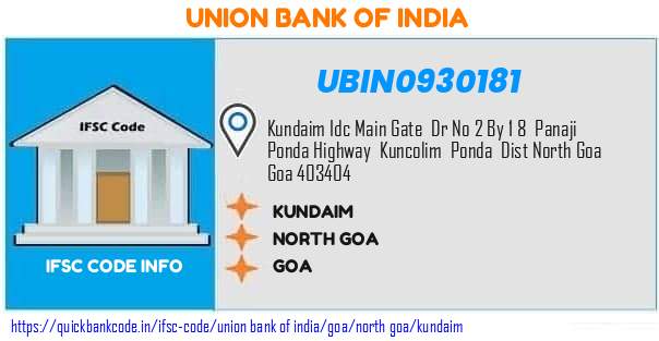 Union Bank of India Kundaim UBIN0930181 IFSC Code