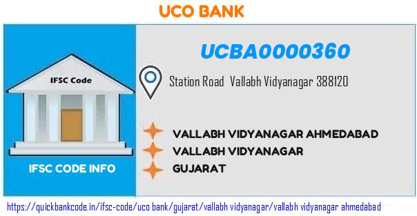 Uco Bank Vallabh Vidyanagar Ahmedabad UCBA0000360 IFSC Code