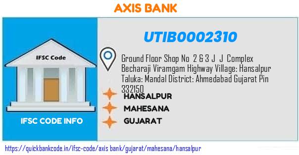 Axis Bank Hansalpur UTIB0002310 IFSC Code
