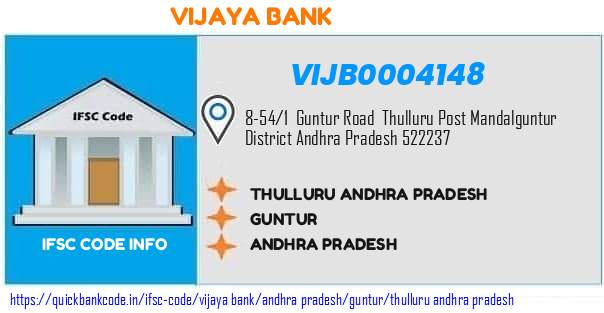 Vijaya Bank Thulluru Andhra Pradesh VIJB0004148 IFSC Code