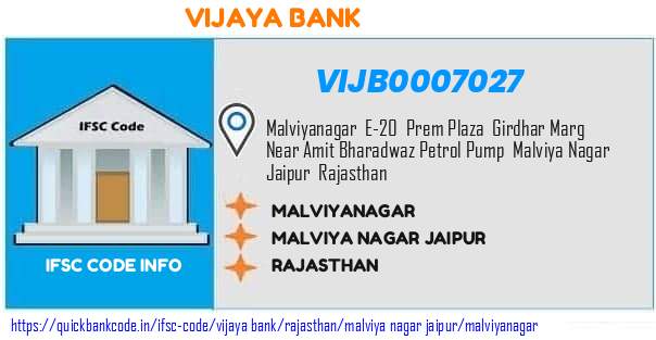 Vijaya Bank Malviyanagar VIJB0007027 IFSC Code