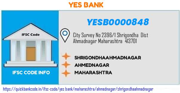 Yes Bank Shrigondhaahmadnagar YESB0000848 IFSC Code